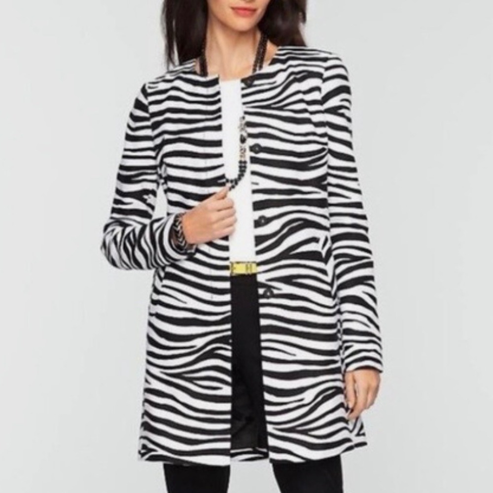 Talbots Black White Zebra Print Collarless Statement Longline Jacket Coat Size 8
